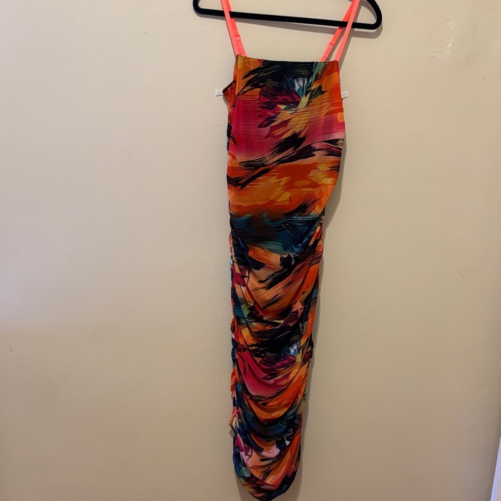 Fashion Nova Multicolor Ruched Abstract Print Maxi Dress with Neon Pink Straps